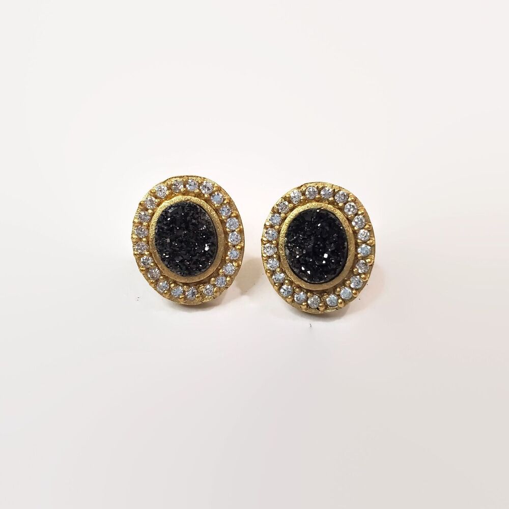 Matte Gold Tone Druzy & Rhinestone Halo Earrings